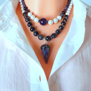 amethyst and pearl necklace for women, handmade gemstone bead necklace, unique statement necklace, purple necklace, stylish gift for her