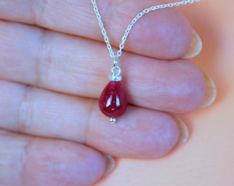 Ruby necklace, ruby gemstone necklace, dainty red ruby teardrop necklace, sterling silver real ruby, July birthstone, birthday gift for her