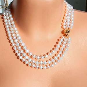 Dreireihige Süßwasserperlen Kette, dreireihige Zuchtperlen Kette, handgeknüpfte Perlenkette, Geschenk für Dame, Geburtstagsgeschenk