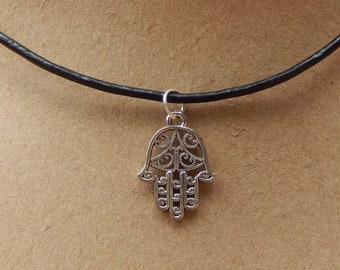 Silver Alloy Hamsa Khamsa Hand Eye Pendant Braided Brown Leather Choker Necklace Silver Alloy Hamsa Khamsa Hand Eye Pendant Braided Brown Leather Choker Necklace
