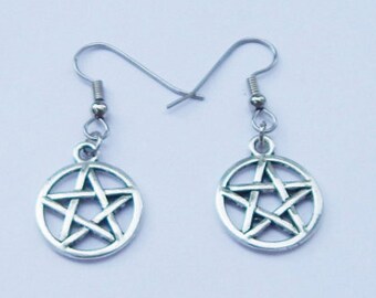 Silver pentagram crystal earrings