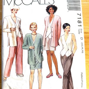 May include: A vintage McCall's sewing pattern featuring illustrations of women's suits and separates. The cover displays four figures in various outfits, including blazers, skirts, and pants in pastel colors. The pattern number is 7181, with size D (12, 14, 16).