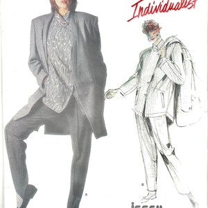 May include: A vintage Vogue Patterns sewing pattern featuring a woman in a gray overcoat, patterned shirt, and checkered pants. The text "Individualist" is in red script. A sketch of a suit by Issey Miyake is also shown.