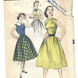 May include: Vintage sewing pattern for a sleeveless dress with a Peter Pan collar. The pattern is for size 16 and features the Bishop Method of clothing construction. The pattern is illustrated with three women wearing different versions of the dress.
