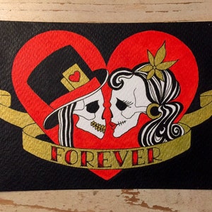 Cartão de coração de caveira de tatuagem 'Forever... and Ever' - ilustração original, arte de tatuagem do Dia dos Namorados