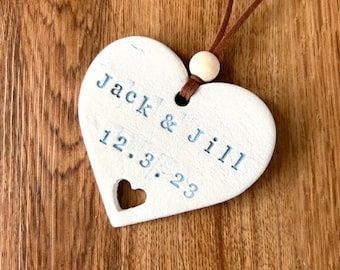 Personalised clay heart hanging decoration, wedding gift, gift for couple, wedding keepsake, bride and groom gift, mrs and mrs gift,