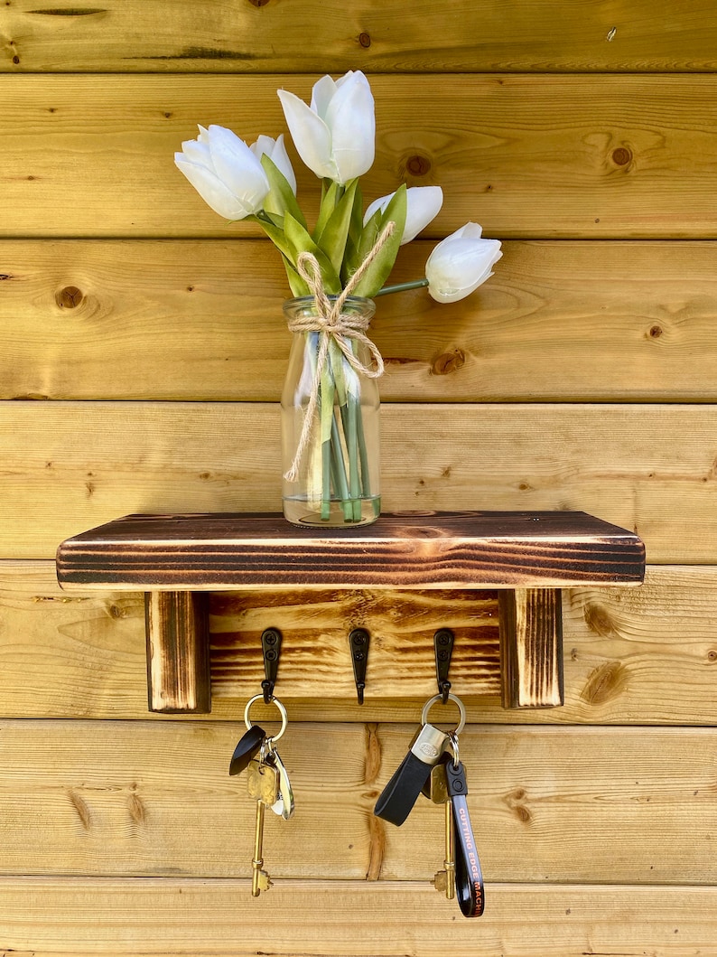 Wooden Key Ring Holder With Shelf, Rustic Key Holder, Key Holder for