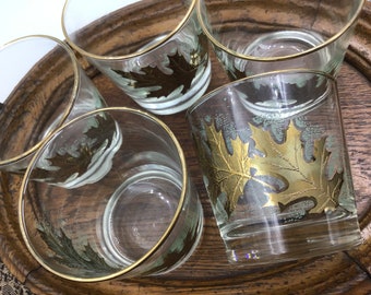 Gold Oak Tableware Bars six libbey old fashioned glasses gold oak leaf design mid century libbey bar glasses