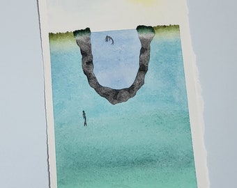 Lone Swim -  Original Watercolor Painting - (not a print) - Island Watercolor Hand Painted - One of a Kind - Silhouette Swimming Mermaid