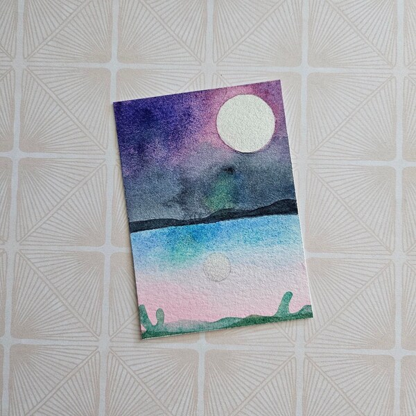 Moon Reflections - Original Watercolor - Tiny Painting - ACEO - Shimmery Moon - Night Water Reflections Painting - Handpainted Painting