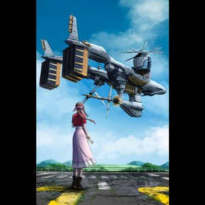 May include: Digital illustration of a futuristic aircraft hovering above a person standing on a landing strip. The aircraft is primarily gray with gold accents, and the person is wearing a red top and pink skirt. The background features a blue sky with clouds and green hills.