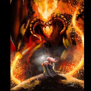May include: Digital artwork depicting a fiery Balrog creature towering over a figure with a staff. The Balrog is rendered in shades of orange and red, with flames emanating from its form. The figure is in a cloak, holding a staff with a glowing light.
