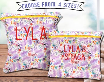 Personalized Purple Unicorn Snack Bag with name zippered bag toiletries for girls floral unicorn gifts for girls makeup bag washable bag