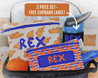 Boys Back To School Snack Bag Set with FREE Water bottle Label Personalized Reusable Goldfish School Supplies Truck Space School Bag