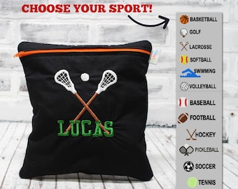 Custom Sport Black Reusable bag in 5 sizes- Hockey Basketball Lacrosse Baseball Soccer Swim Golf Pickle Ball Tennis Volleyball Wet Bag