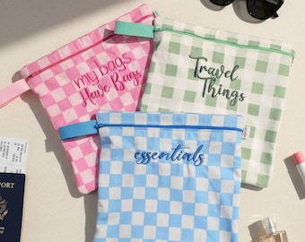 Personalized Washable Toiletry Bag Checks Custom Color Print Gingham Cosmetic Bag