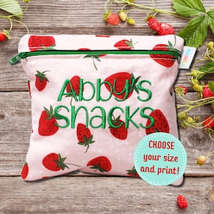 Personalized Reusable Snack Bag Strawberry on Pink Washable Food Safe Bag Summer Travel Snack Bag With Name For Girl Back To School Supplies