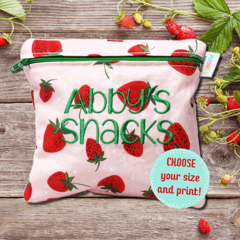 Personalized Reusable Snack Bag Strawberry on Pink Washable Food Safe Bag Summer Travel Snack Bag With Name For Girl Back To School Supplies