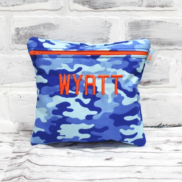 Personalized Reusable Blue Camo Sandwich Bag, Back to School Lunch Bag