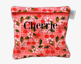 Personalized Reusable Cherry Pink Snack Bag With Name Reusable Food Bag Washable Women's Bag for Travel and Make-Up Custom Toiletries Bag