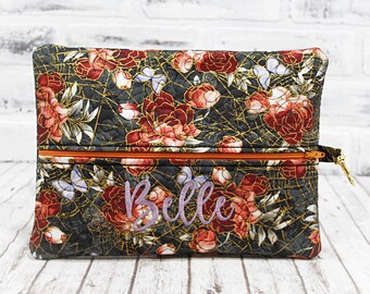 Personalized Rose and Web Zippered Pouch