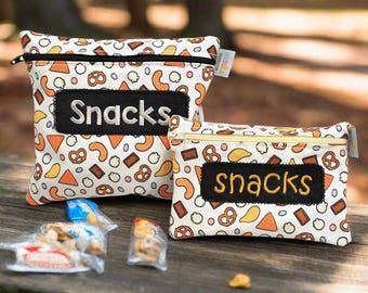 Personalized Reusable Snack Bag Trail Mix Bar Pretzels Peanuts Popcorn Chips Cashews Cheese Puffs Washable Food Safe Bag Party Favor Idea