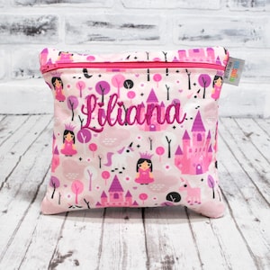 Personalized Girls Princess Reusable Sandwich Bag Girl&#39;s Unicorn Princess Castle Pink and Purple Washable Snack Bag