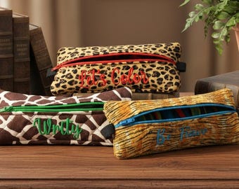 Personalized Animal Print Zippered Pouch: Elastic Pen Bag, Journal Accessories