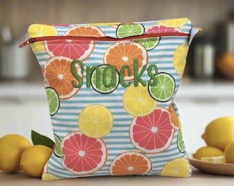 Personalized Reusable Snack Bag Citrus Grapefruit Lemon Oranges Medley Washable Food Safe Bag Summer Wet Bag with Name For Pool Bag Beach