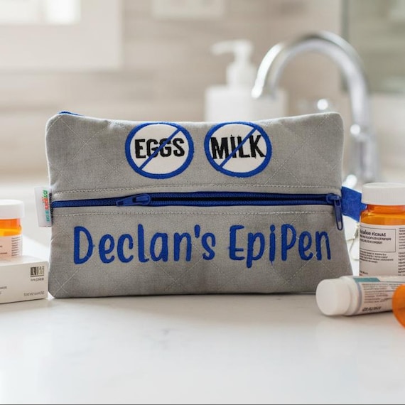 Gray Royal Blue Personalized Emergency Medication Pouch 3 sizes Custom Allergy Patches