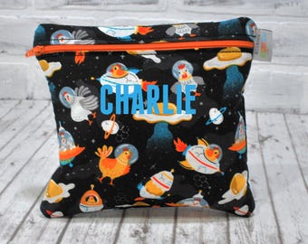 Personalized Reusable Food Bag Chicken and Eggs in Space Snack Bag For School Boy's Funny Food Lunch Bag Back to School Travel Bag