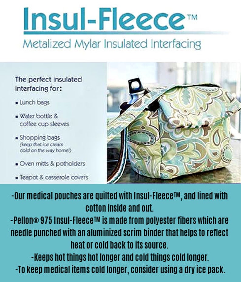 Op de afbeelding: Een stoffen tas met een paisley-patroon in groen-, blauw- en bruintinten, voorzien van een schouderband en een klepsluiting. De afbeelding bevat tekst over Insul-Fleece, met toepassingen zoals lunchtassen, hoezen en ovenwanten.