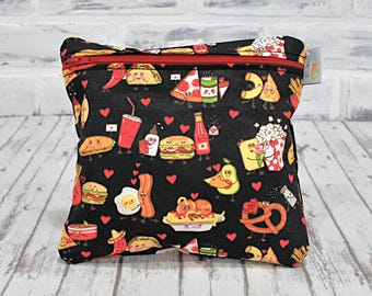 Personalized Reusable Snack Bag Love Food Spaghetti and Meatballs Tacos Mac and Cheese Bacon and Eggs Washable Food Safe School Lunch Bag