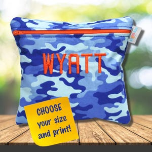 Personalized Reusable Blue Camo Sandwich Bag Back to School Lunch Bag with Zipper Boys School Supplies