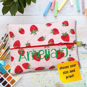 Personalized Pencil Pouch Girls Zippered Pencil Case Back to School Custom Fabric Retro Girly Artsy Accessory Case Gift Strawberry Trendy