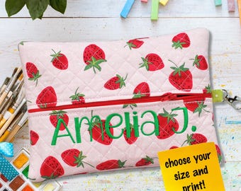 Personalized Pencil Pouch Girls Zippered Case Girly Artsy Accessory Case Gift Strawberry Trendy Pick Your Print