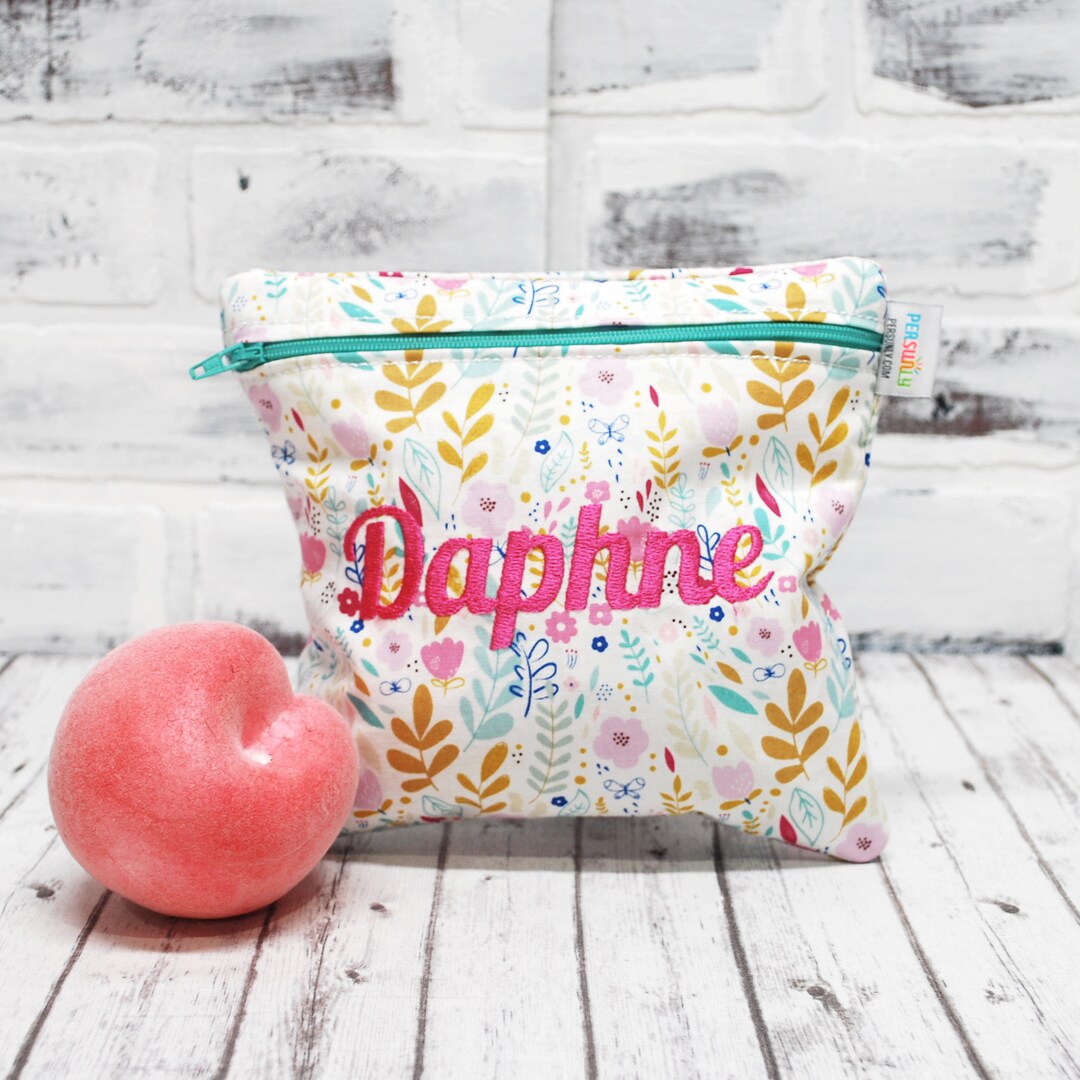 Personalized Simple Personalized Simple Floral and Reusable Bag Pink and Aquamarine ...