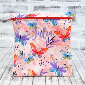 Sac à sandwich personnalisé réutilisable papillon bleu sarcelle violet rouge orange sac à collation fille lavable pour bébés et tout-petits déjeuner de rentrée