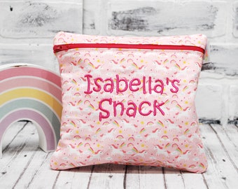 Personalized Unicorn Reusable Sandwich Bag, Pink Snack Bag Back to School Girl's Lunch