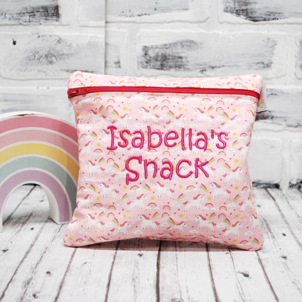 Personalized Unicorn Reusable Sandwich Bag, Pink Snack Bag Back to School Girl's Lunch