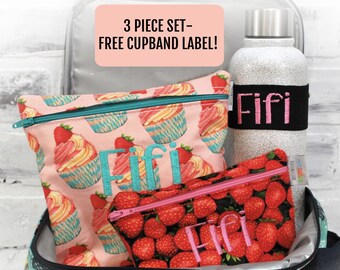 Personalized School Supplies Set Strawberry Snack Bags Custom Reusable Sandwich Bag Set Water Bottle Label Back To School Snack Bag Set