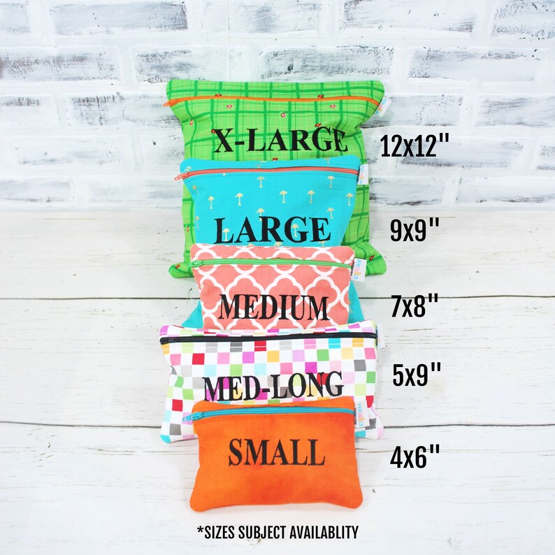 May include: Five zippered pouches in different sizes and patterns, labeled "X-Large 12x12", "Large 9x9", "Medium 7x8", "Med-Long 5x9", and "Small 4x6".  *Sizes subject availability*.