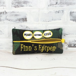 Camo Yellow Personalized Emergency Medication Pouch  Comes in 3 sizes  Custom Allergy Patches