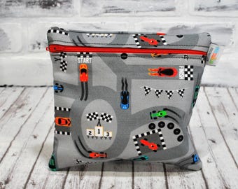 Personalized Reusable Snack Bag Racetrack with Race Cars Zippered Bag For Boy's School Bag With Name Washable Zippered Boy's Lunch Bag