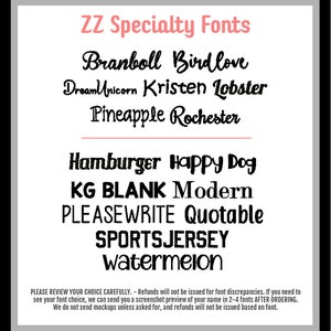 May include: A list of specialty fonts in black text on a white background. The fonts are: Branboll, Birdlove, DreamUnicorn, Kristen, Lobster, Pineapple, Rochester, Hamburger, Happy Dog, KG BLANK, Modern, PLEASEWRITE, Quotable, SPORTSJERSEY, and watermelon.
