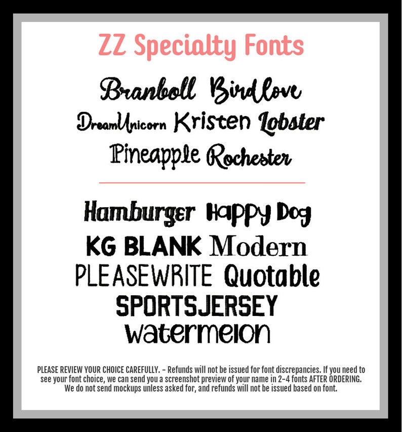 May include: A list of specialty fonts in black text on a white background. The fonts are: Branboll, Birdlove, DreamUnicorn, Kristen, Lobster, Pineapple, Rochester, Hamburger, Happy Dog, KG BLANK, Modern, PLEASEWRITE, Quotable, SPORTSJERSEY, and watermelon.