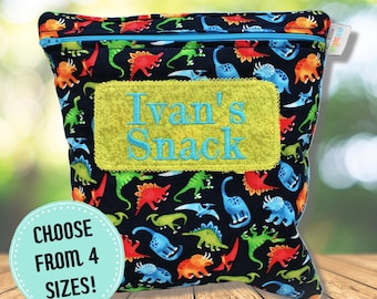 Personalized Dinosaur Reusable Snack Bag For Boys School Lunch Ecofriendly Washable Preschool Wet Bag for Travel With Name Boys Bag