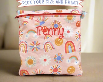 Personalized Rainbow Smiling Face Flower Reusable Sandwich Bag Pink Snack Bag Girl's Lunch Super Cute Girl's Happy Face XL Wet Bag