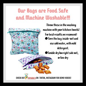 May include: Two reusable food storage bags with a mermaid pattern. The bags are blue and purple with a white background. The bags are open and one has pretzels inside. The text on the image reads "Our Bags are Food Safe and Machine Washable!!! Throw these in the washing machine with your kitchen towels! For best results we recommend: Turn the bag inside-out and use cold water, with mild detergent. Tumble dry low right side out, or line dry. CHECK OUT PERSONLY ON TIKTOK, INSTAGRAM FOR DEMO VIDEOS!"