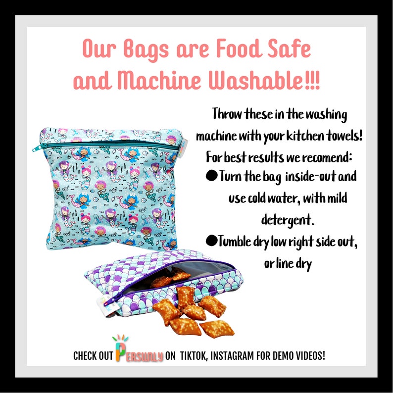 May include: Two reusable food storage bags with a mermaid pattern. The bags are blue and purple with a white background. The bags are open and one has pretzels inside. The text on the image reads "Our Bags are Food Safe and Machine Washable!!! Throw these in the washing machine with your kitchen towels! For best results we recommend: Turn the bag inside-out and use cold water, with mild detergent. Tumble dry low right side out, or line dry. CHECK OUT PERSONLY ON TIKTOK, INSTAGRAM FOR DEMO VIDEOS!"